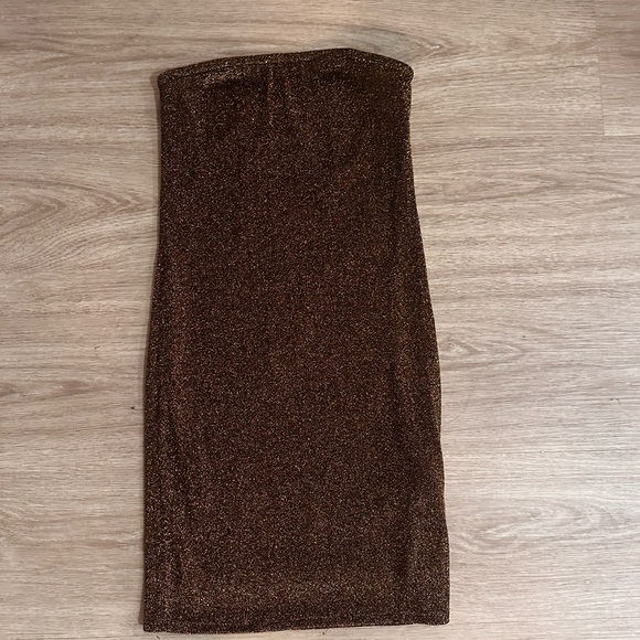 sparkly gold strapless tube top bodycon dress- size small but fits xs/0 - Picture 1 of 3
